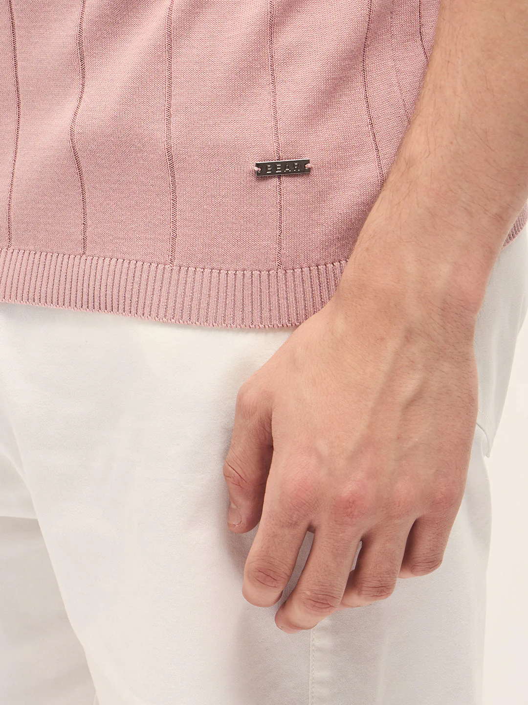 Men Pink Self-Striped Design Slim Fit Polo - Image 6