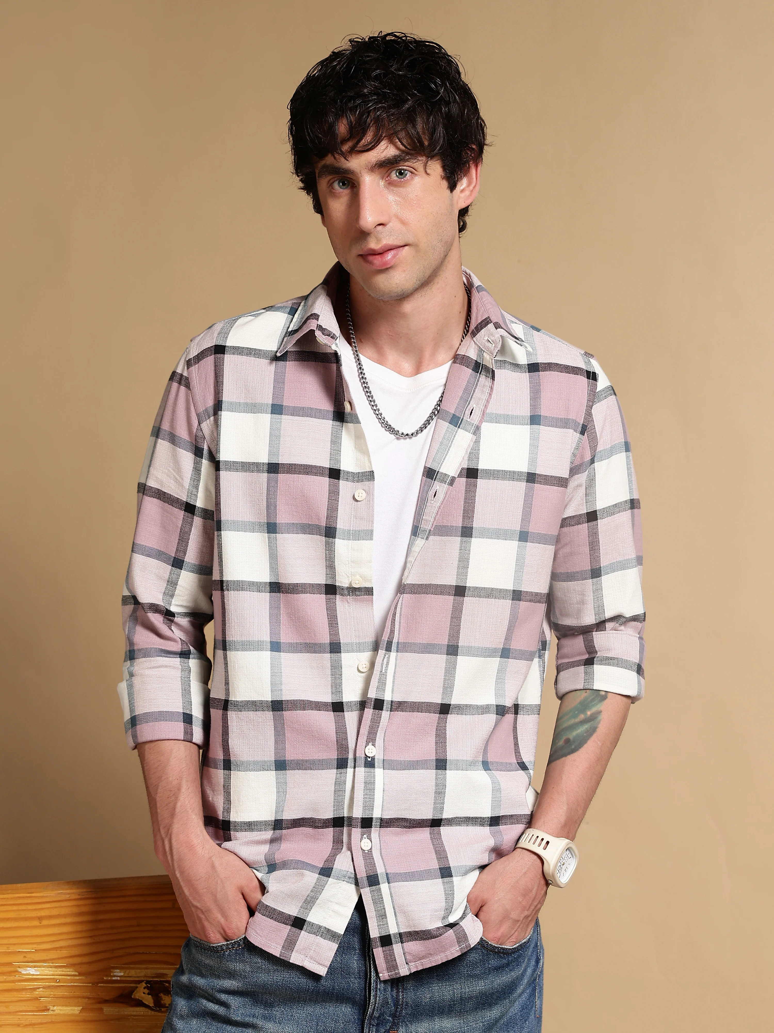Men Pink Slim Fit Cotton Check Shirt - Image 10