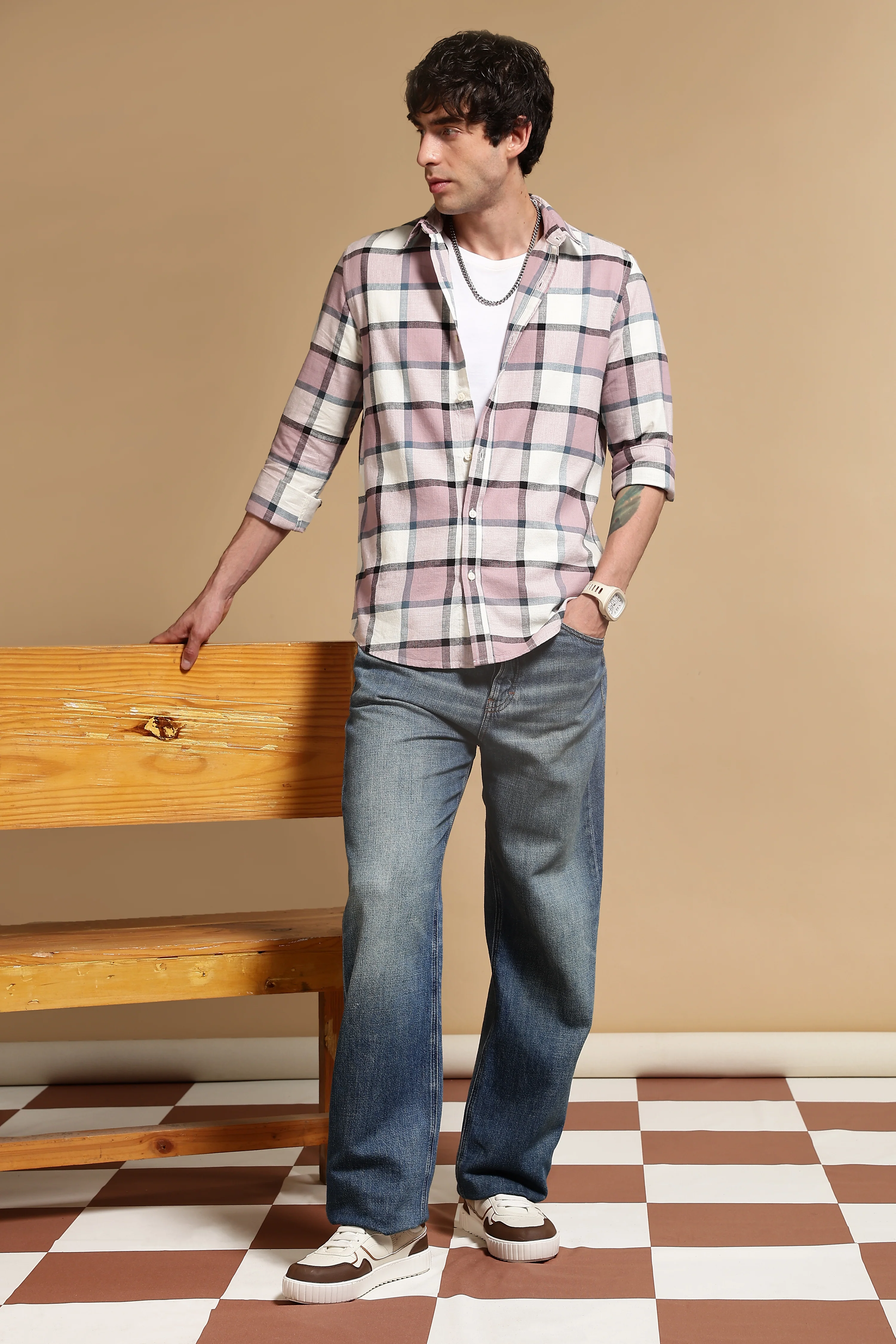 Men Pink Slim Fit Cotton Check Shirt - Image 2