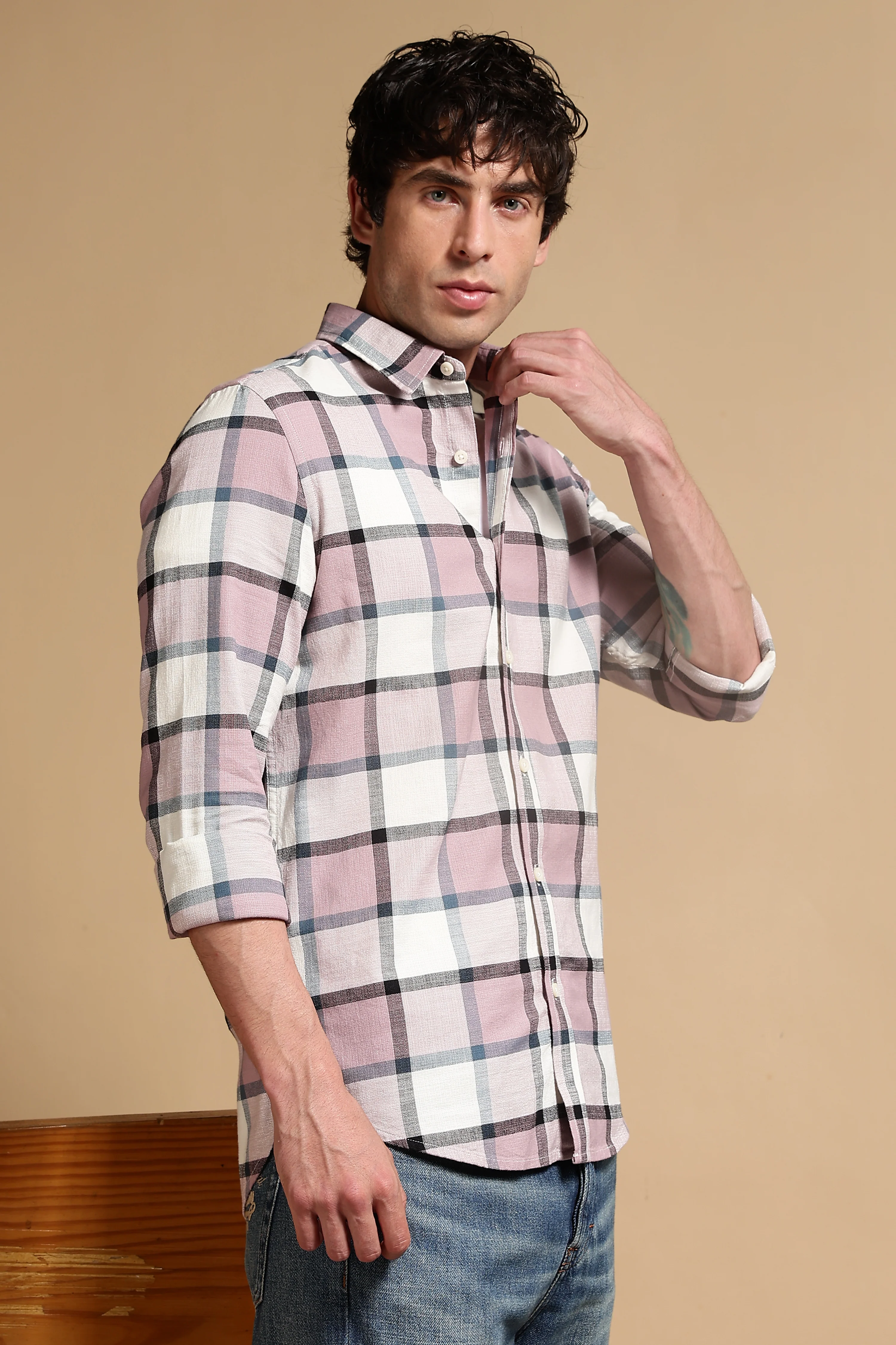 Men Pink Slim Fit Cotton Check Shirt - Image 3
