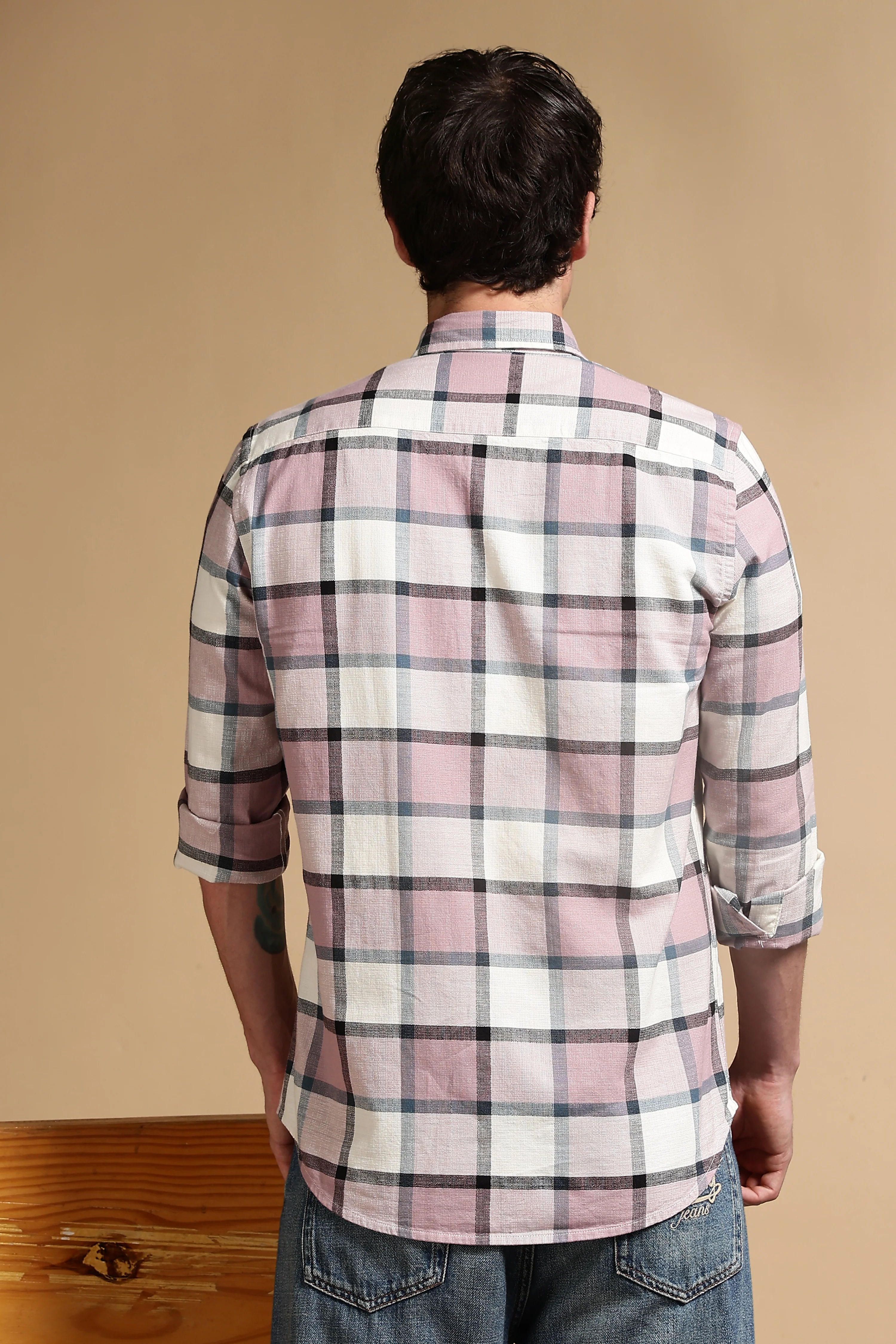 Men Pink Slim Fit Cotton Check Shirt - Image 4
