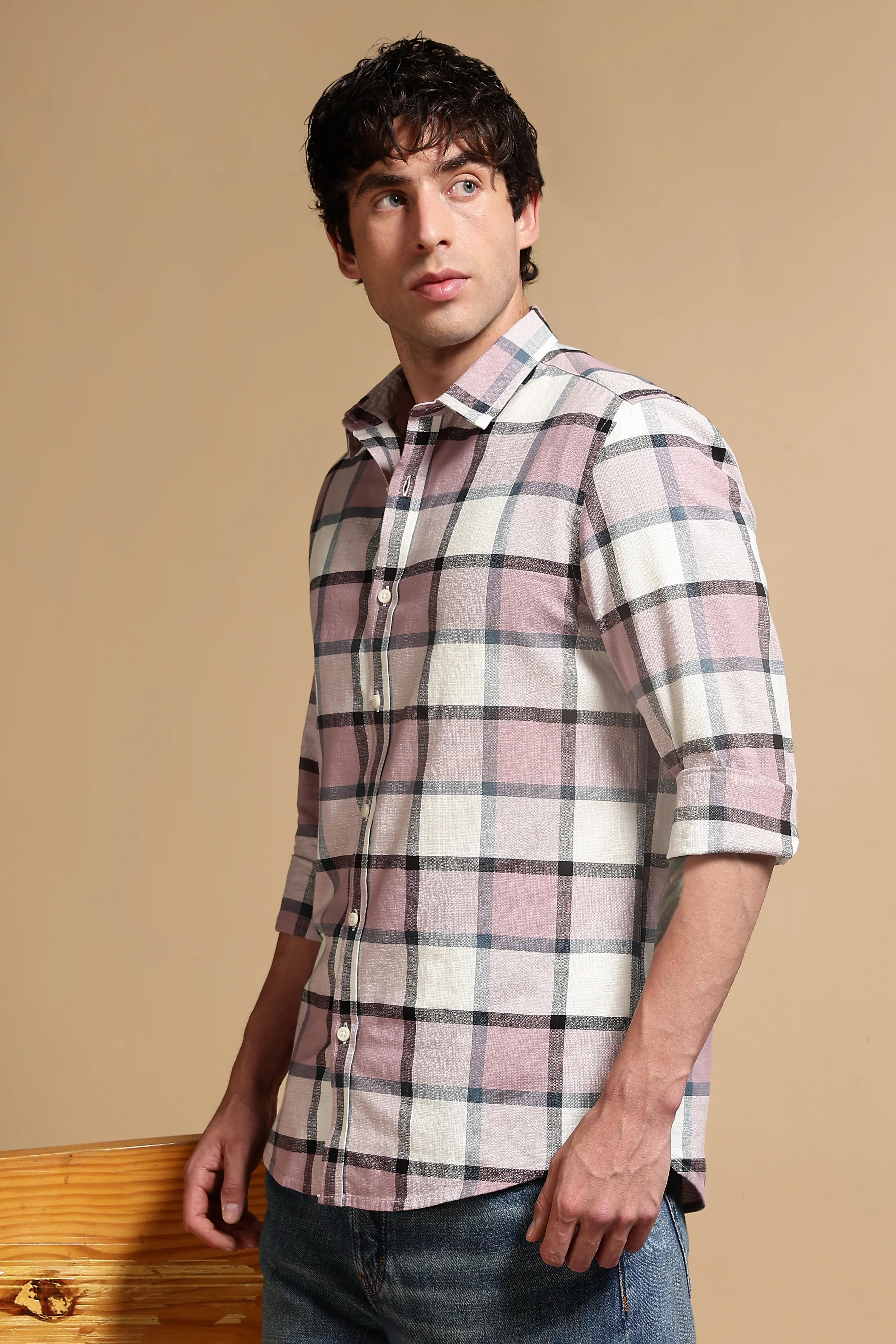 Men Pink Slim Fit Cotton Check Shirt - Image 5
