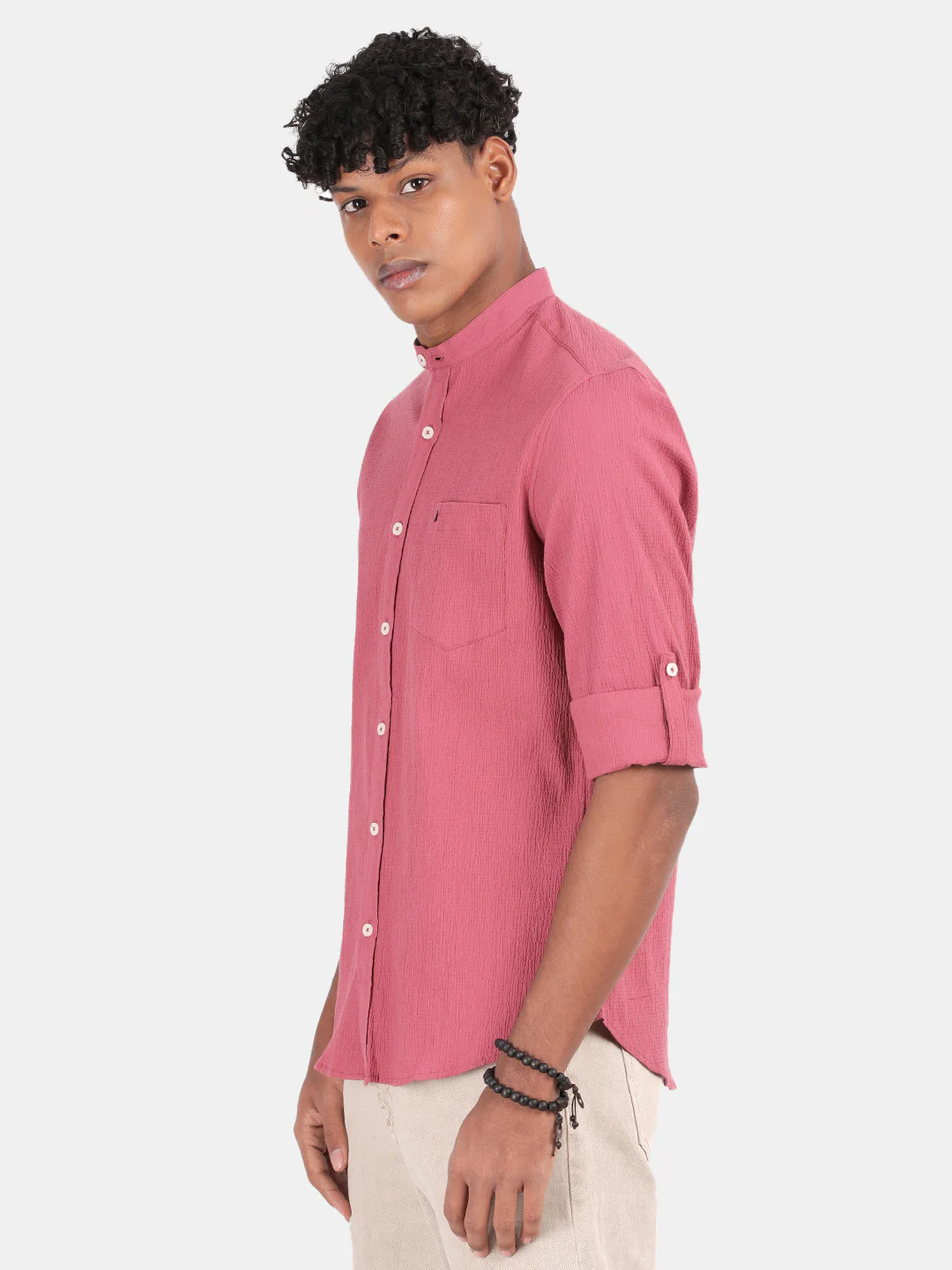 Men Pink Slim Fit Mandarin Collar Full Sleeve Casual Shirt - Image 2