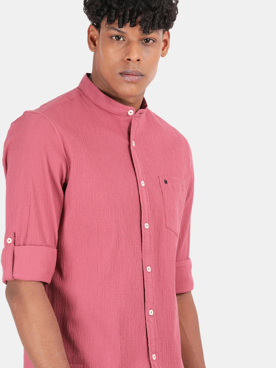 Men Pink Slim Fit Mandarin Collar Full Sleeve Casual Shirt - Image 3