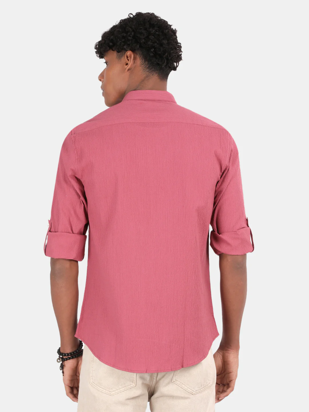 Men Pink Slim Fit Mandarin Collar Full Sleeve Casual Shirt - Image 4