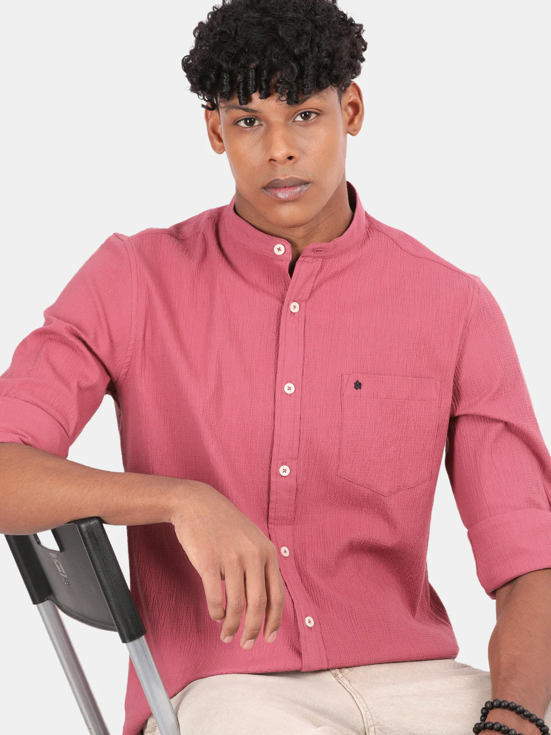 Men Pink Slim Fit Mandarin Collar Full Sleeve Casual Shirt - Image 5