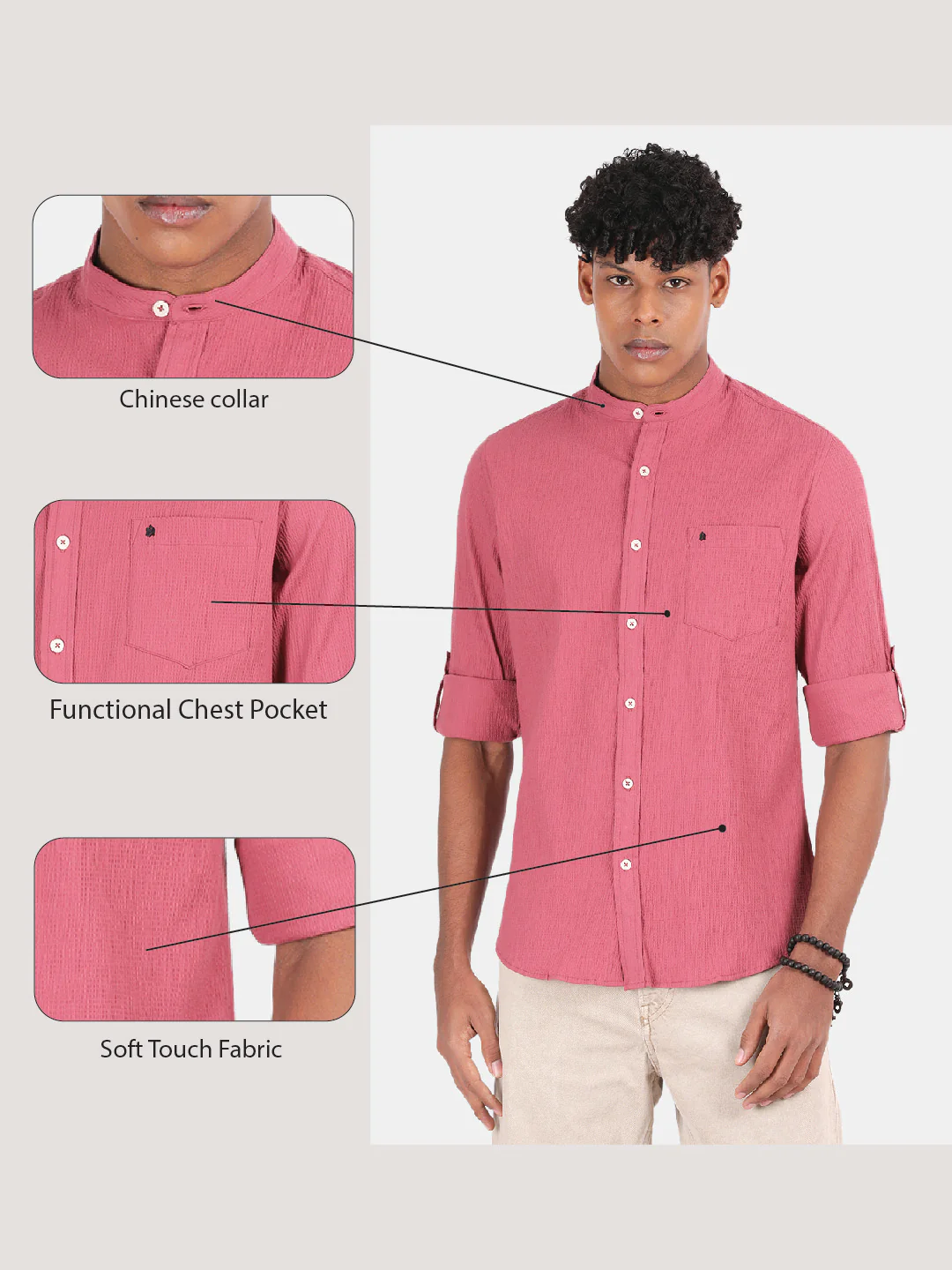 Men Pink Slim Fit Mandarin Collar Full Sleeve Casual Shirt - Image 6