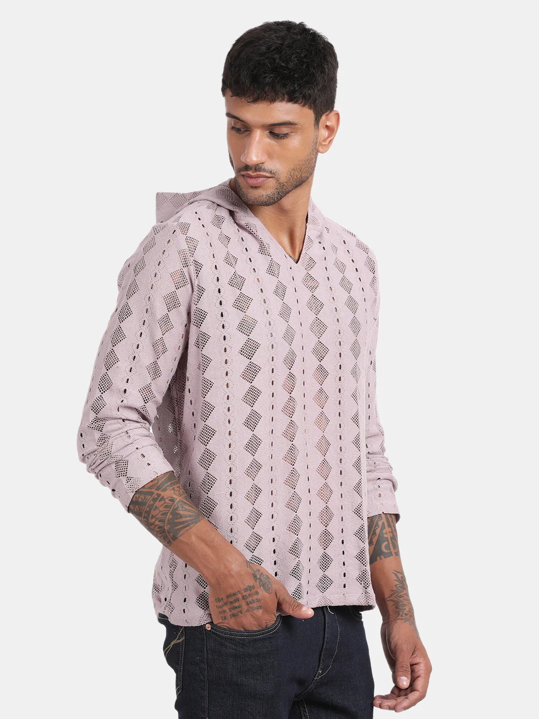 Men Pink Regular Fit Spread Collar Full Sleeve Hoodie - Image 6