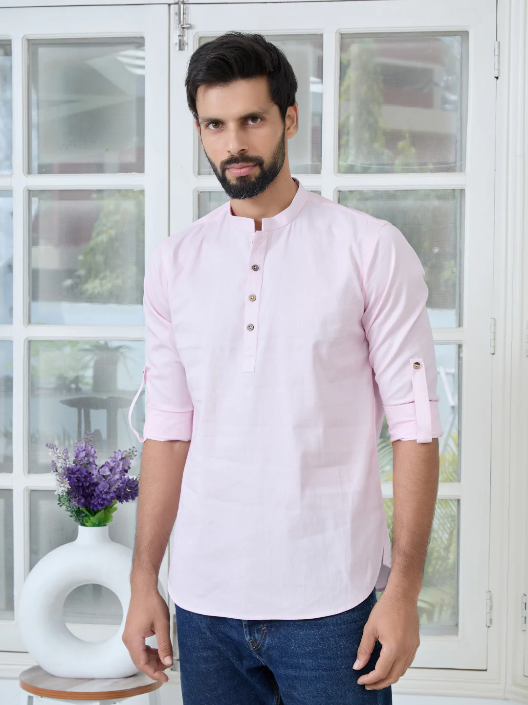 Men Pink Solid cotton Short Kurta