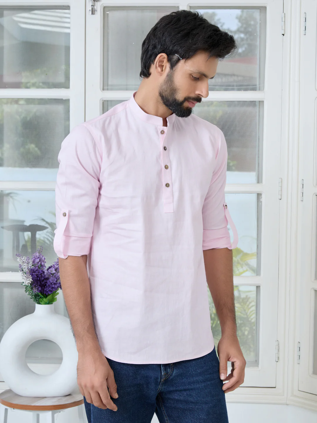 Men Pink Solid cotton Short Kurta - Image 3