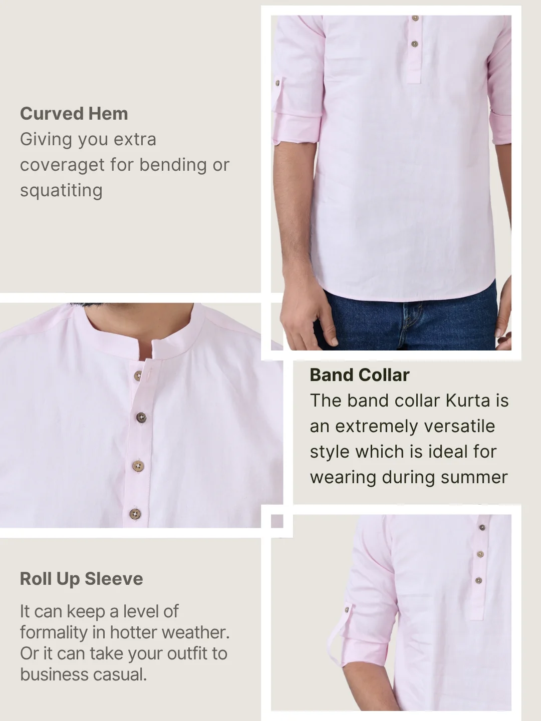 Men Pink Solid cotton Short Kurta - Image 4