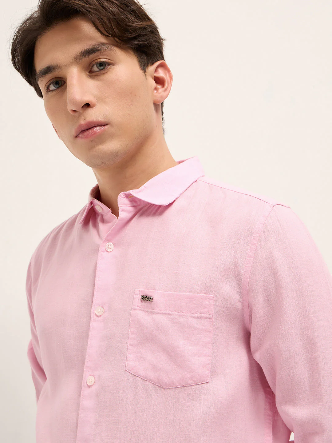 Men Pink Solid Lyocell Slim Fit Casual Shirt - Image 5