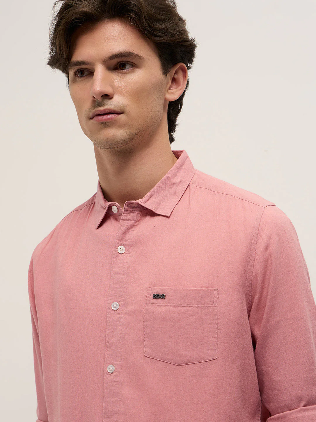 Men Pink Solid Lyocell Slim Fit Casual Shirt - Image 5