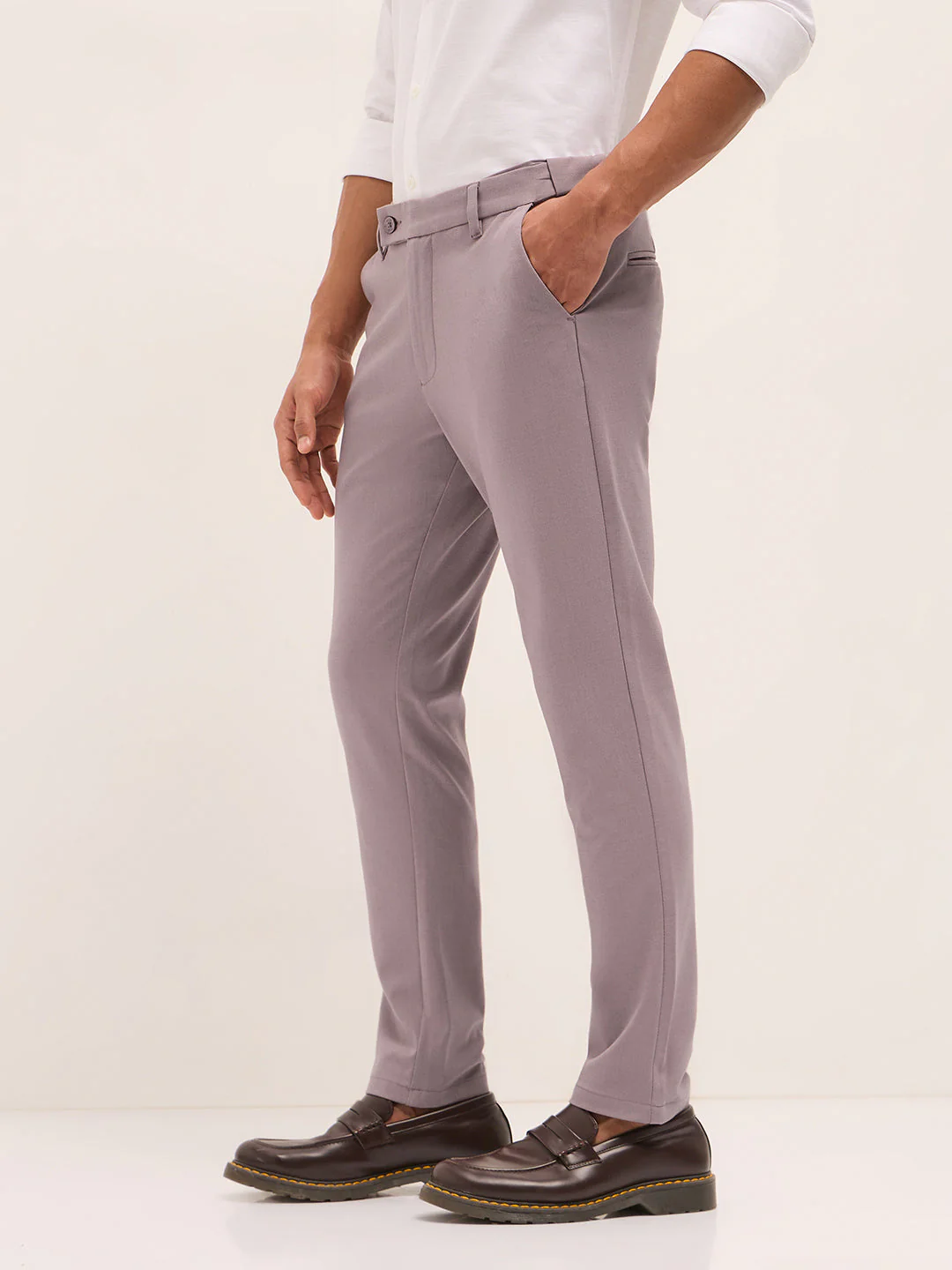 Men Pink Solid Polyester Blend Slim Fit Formal Trousers - Image 3