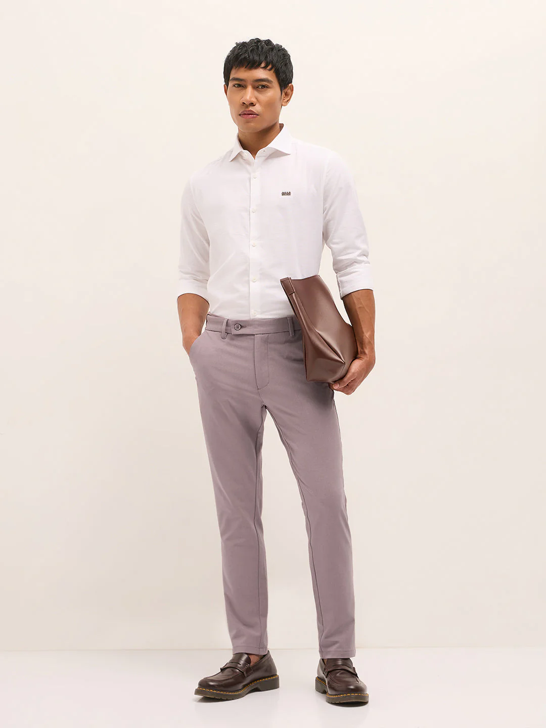 Men Pink Solid Polyester Blend Slim Fit Formal Trousers - Image 4