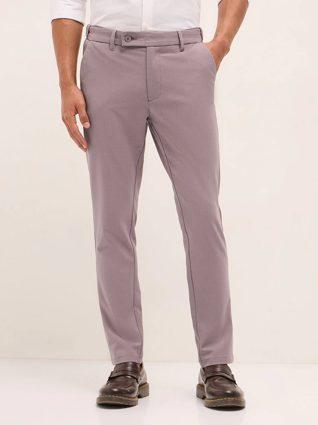 Men Pink Solid Polyester Blend Slim Fit Formal Trousers - Image 7