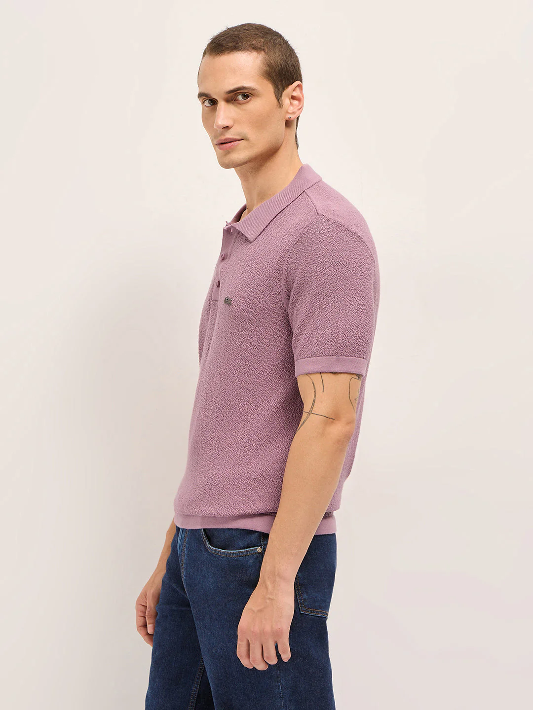 Men Pink Solid Texture Knit Design Regular Fit Polo - Image 3