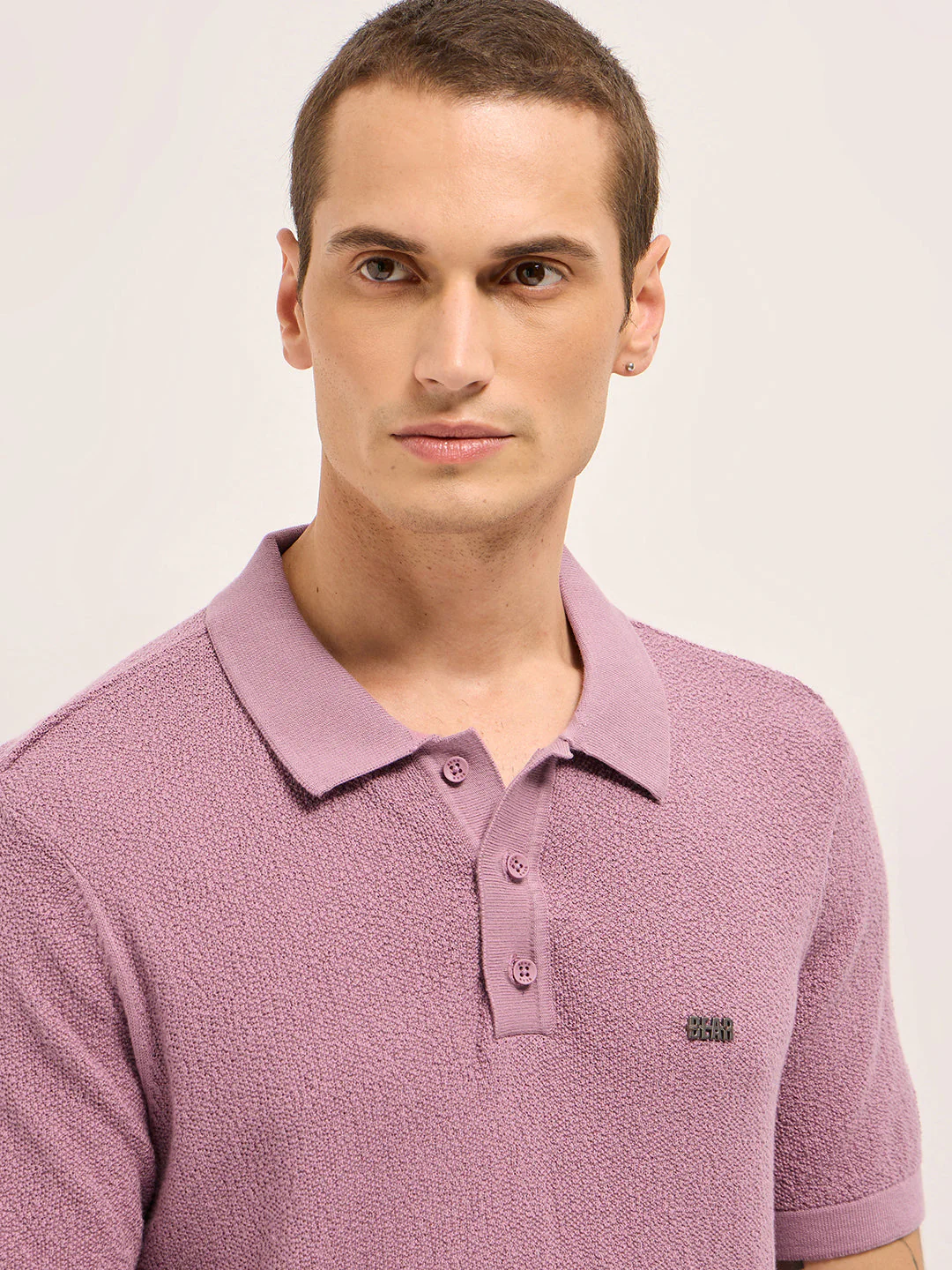 Men Pink Solid Texture Knit Design Regular Fit Polo - Image 5