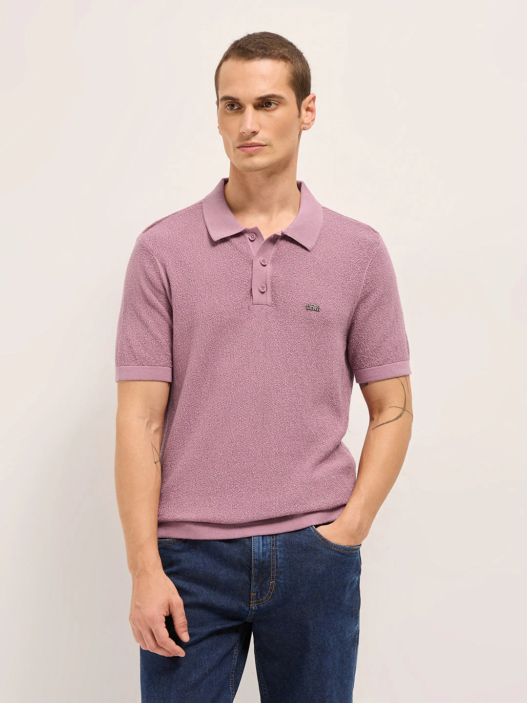 Men Pink Solid Texture Knit Design Regular Fit Polo - Image 6
