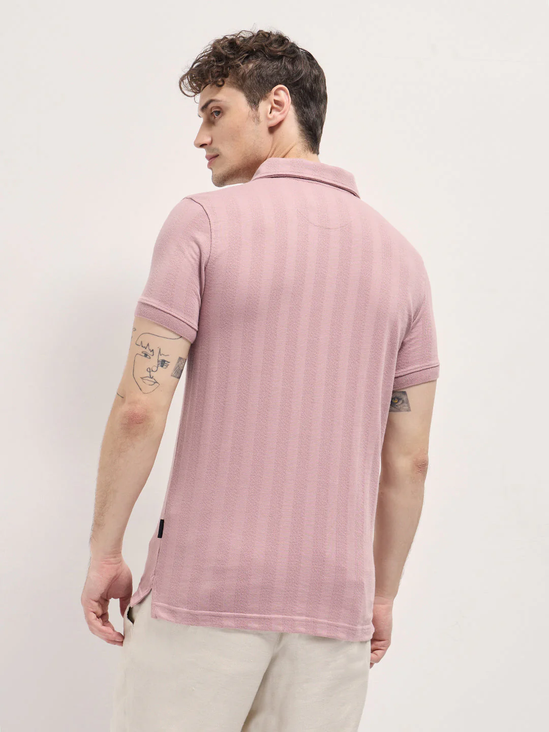 Men Pink Stripe Textured Design Regular Fit Polo - Image 2