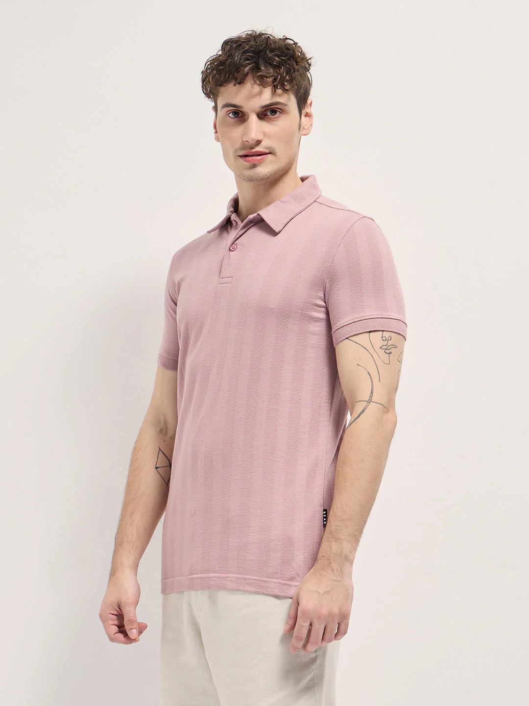 Men Pink Stripe Textured Design Regular Fit Polo - Image 3