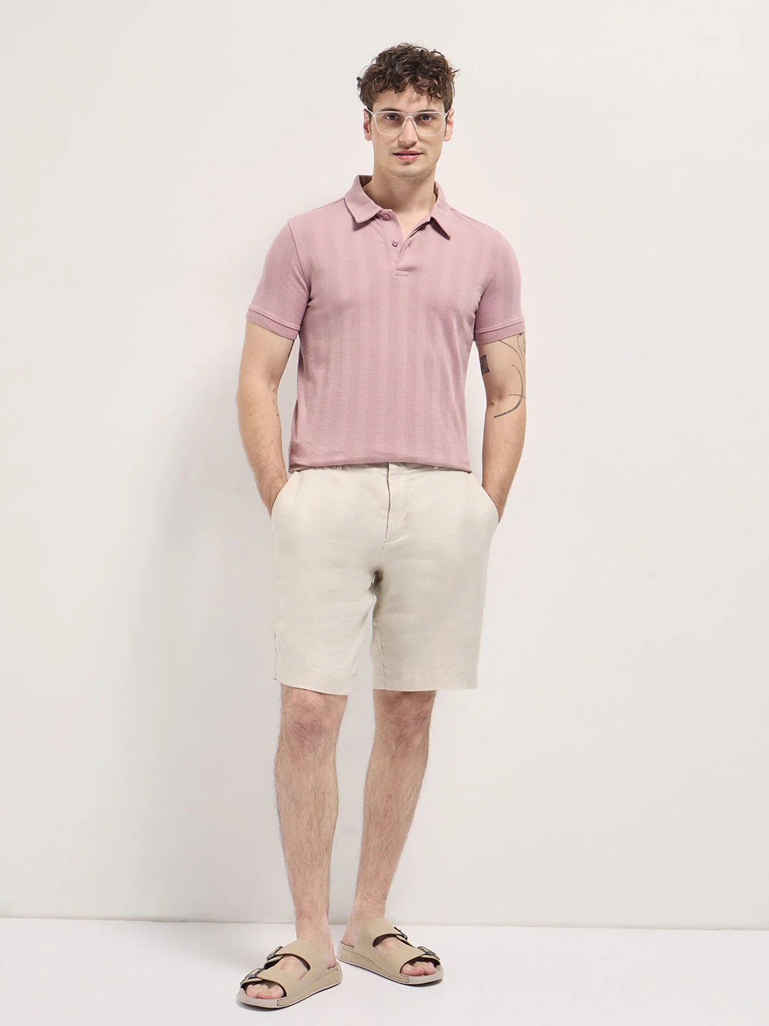 Men Pink Stripe Textured Design Regular Fit Polo - Image 4