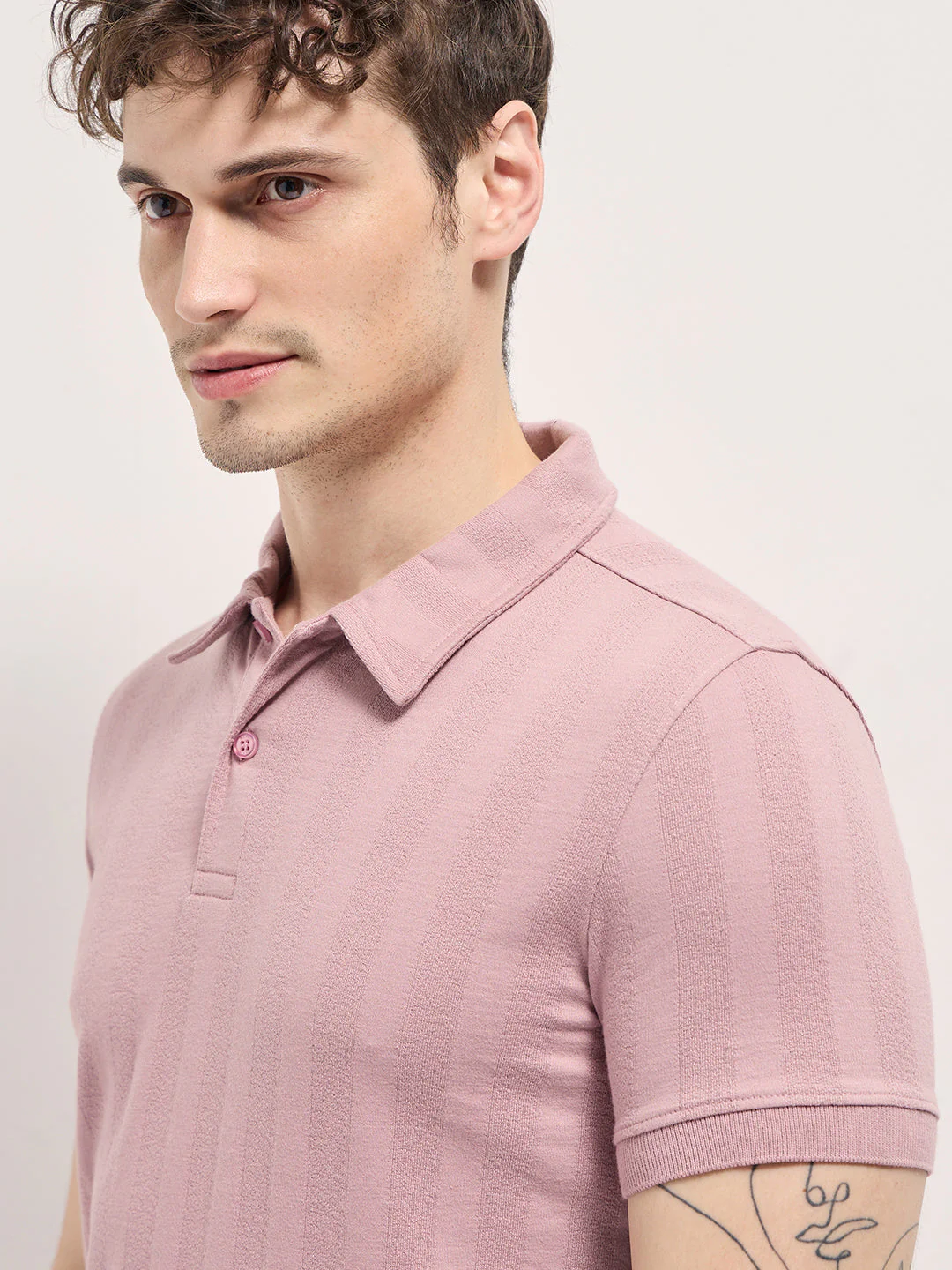 Men Pink Stripe Textured Design Regular Fit Polo - Image 5