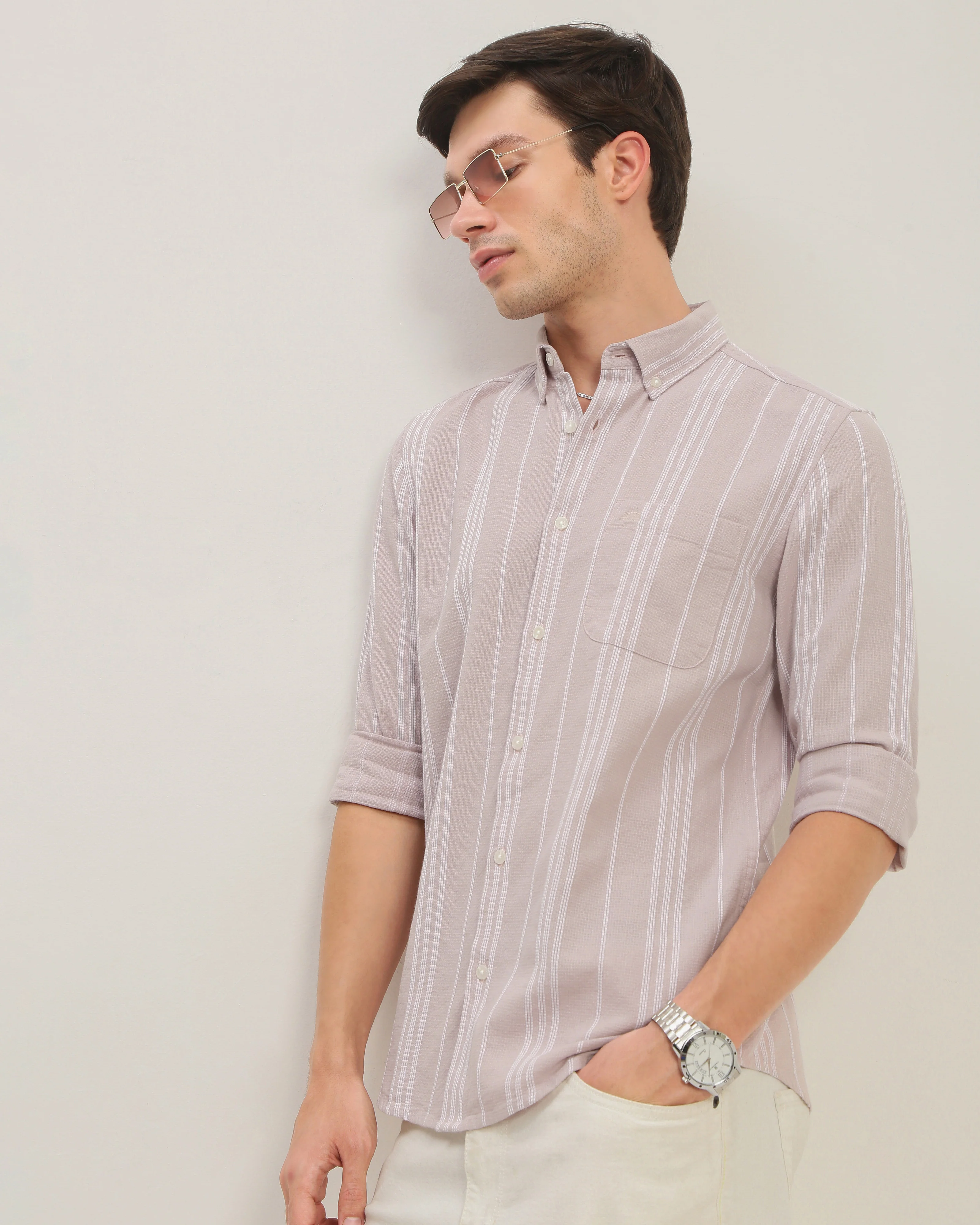 Men Pink Striped Shirt - Image 4