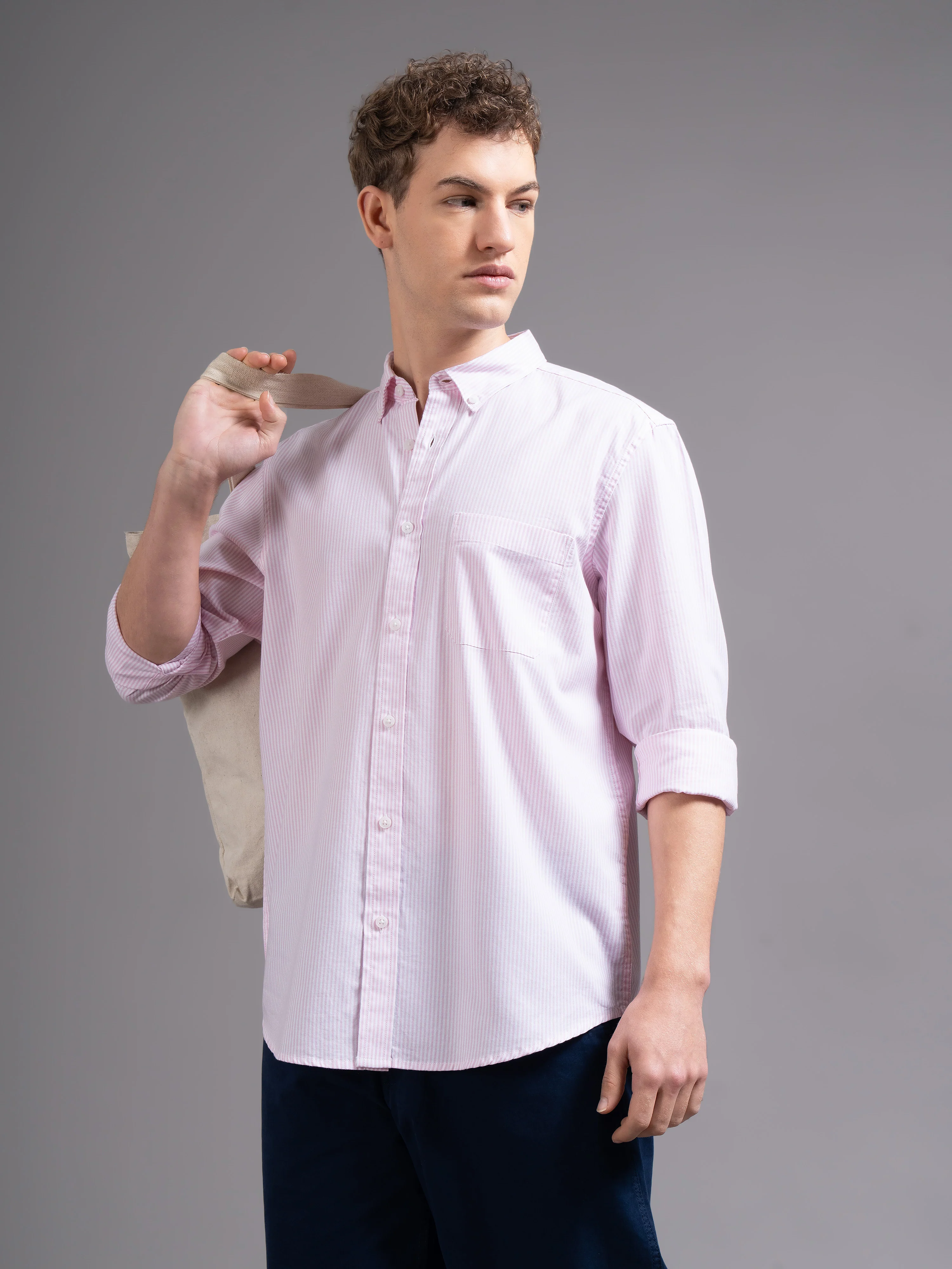 Men Pink Striped Shirt - Image 4