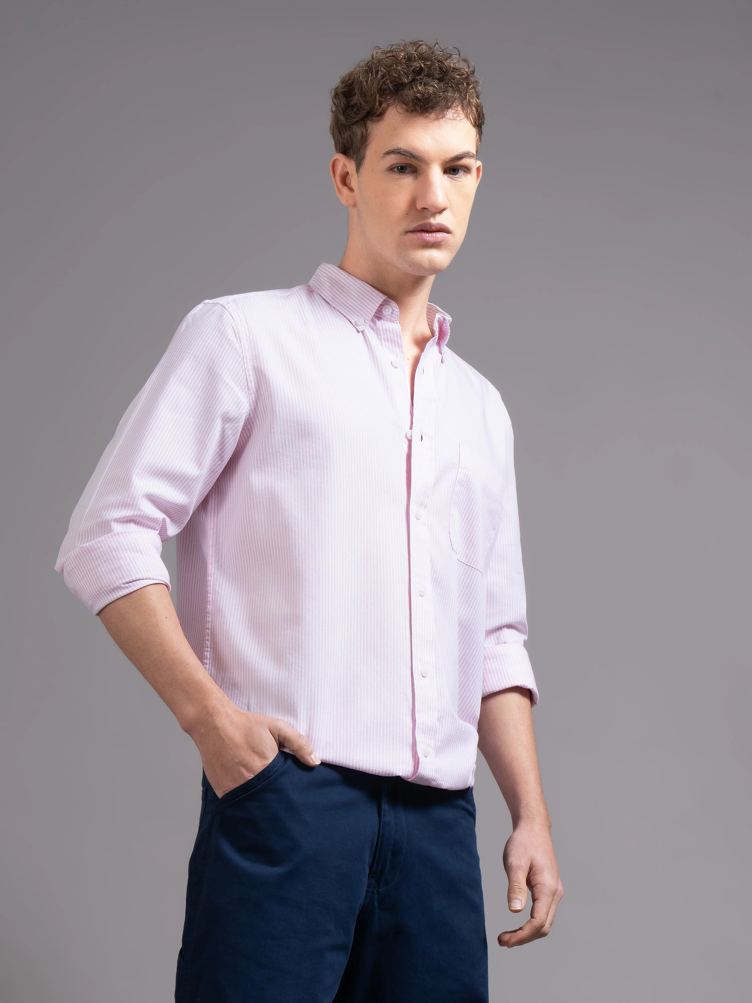 Men Pink Striped Shirt - Image 5