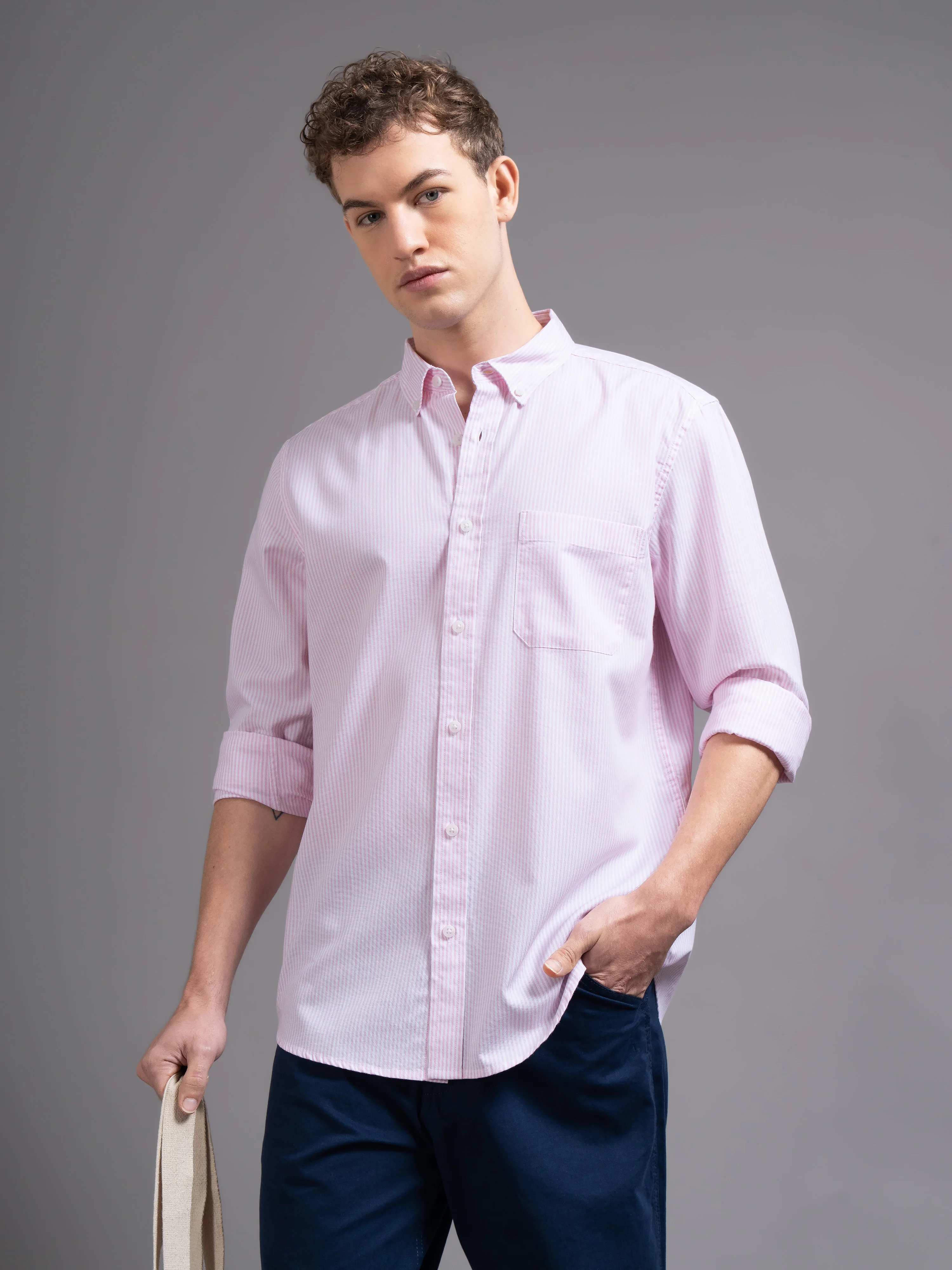 Men Pink Striped Shirt - Image 6