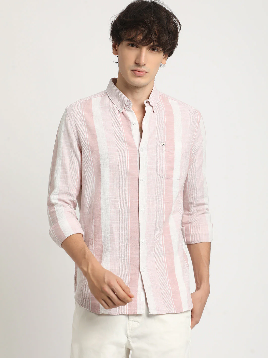 Men Pink Striped Slim Fit Cotton Casual Shirt - Image 2