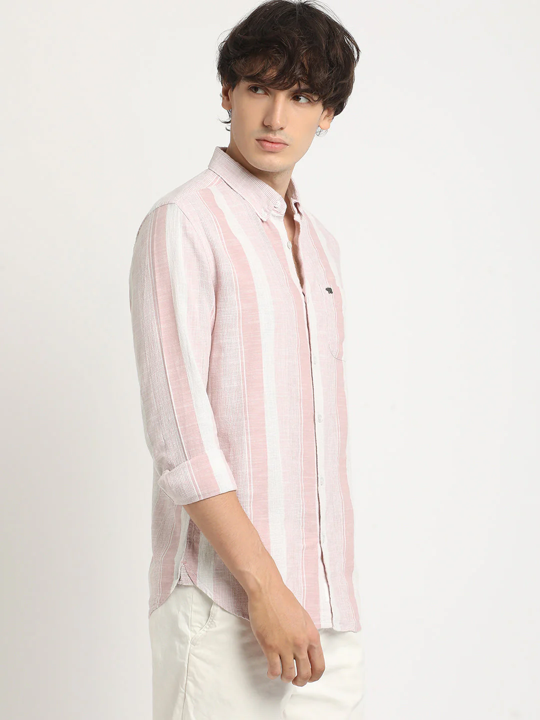 Men Pink Striped Slim Fit Cotton Casual Shirt - Image 3