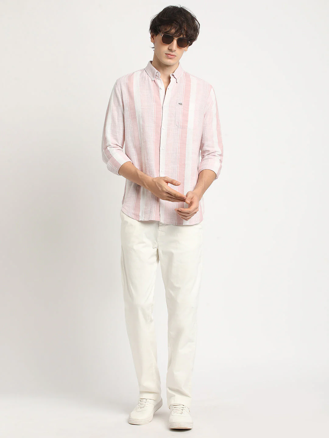 Men Pink Striped Slim Fit Cotton Casual Shirt - Image 5
