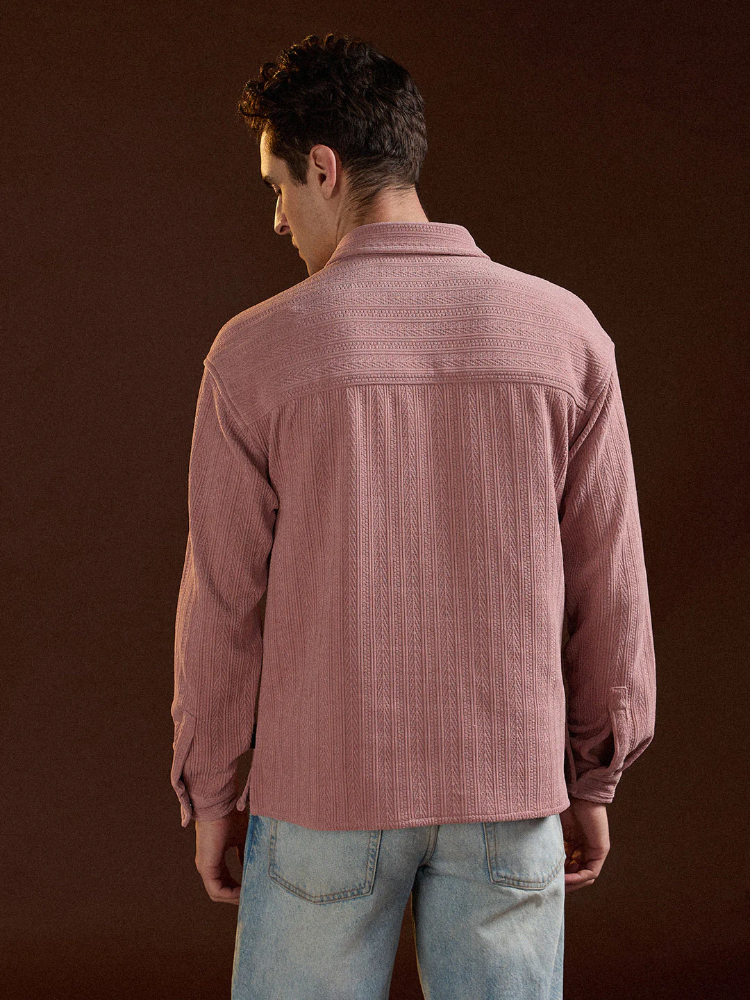Men Pink Texture Pattern Relaxed Fit Overshirt - Image 2