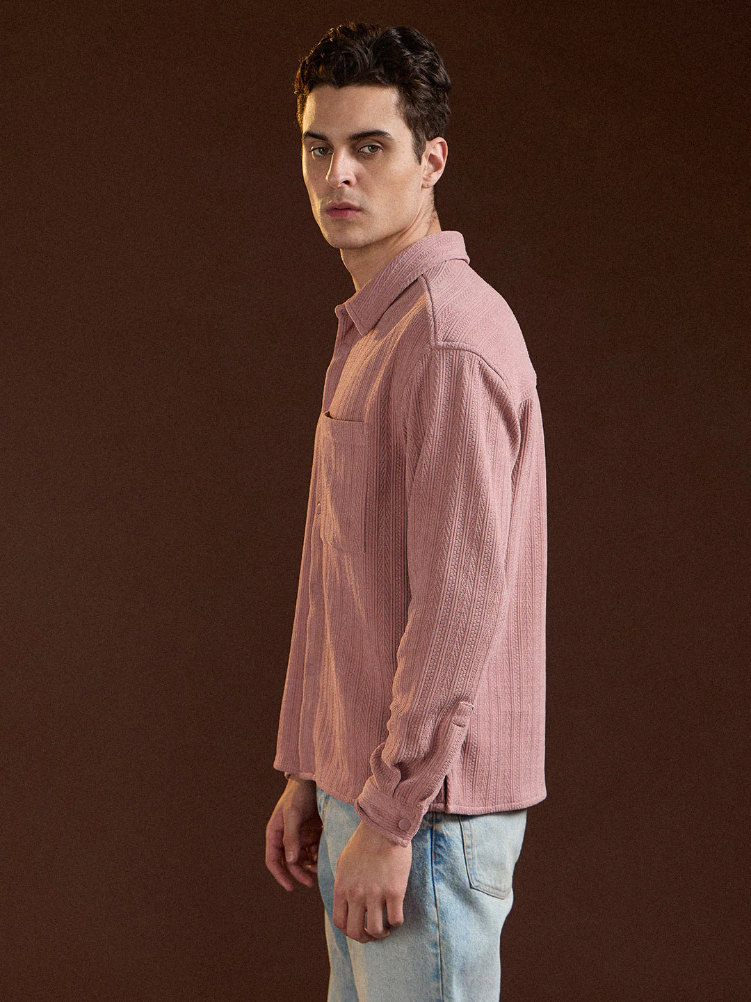 Men Pink Texture Pattern Relaxed Fit Overshirt - Image 3