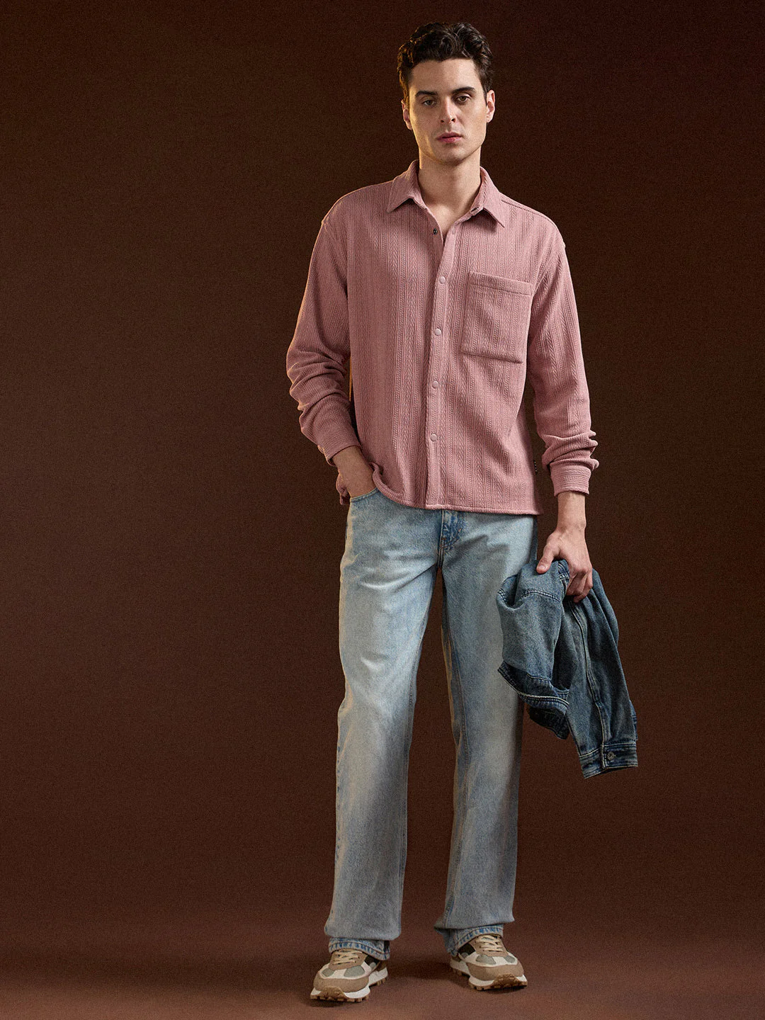 Men Pink Texture Pattern Relaxed Fit Overshirt - Image 4