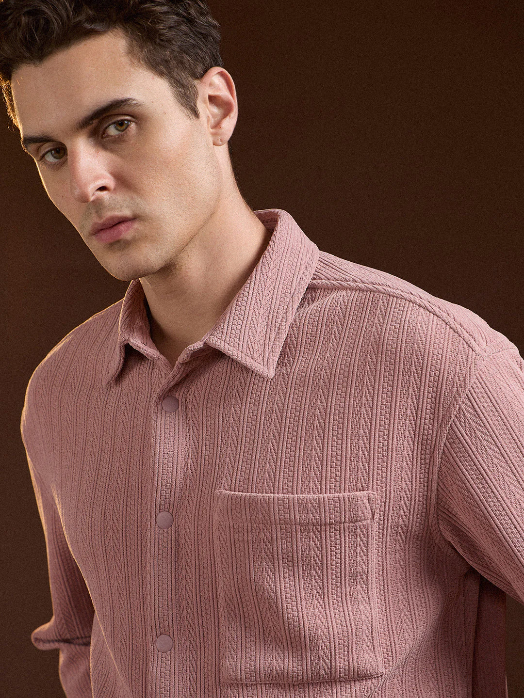 Men Pink Texture Pattern Relaxed Fit Overshirt - Image 5