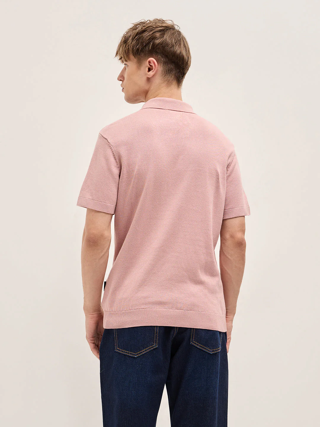 Men Pink Textured Cable-knit Panel Slim Fit Polo - Image 2