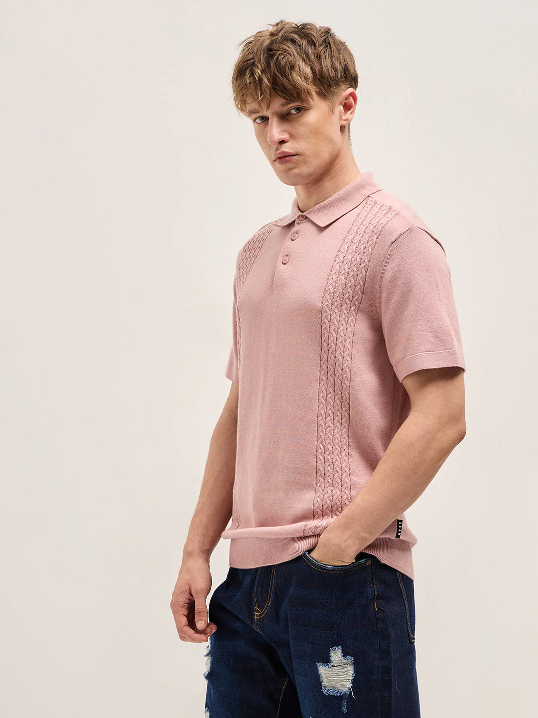 Men Pink Textured Cable-knit Panel Slim Fit Polo - Image 3