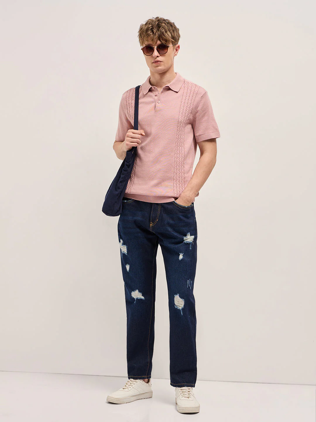 Men Pink Textured Cable-knit Panel Slim Fit Polo - Image 4