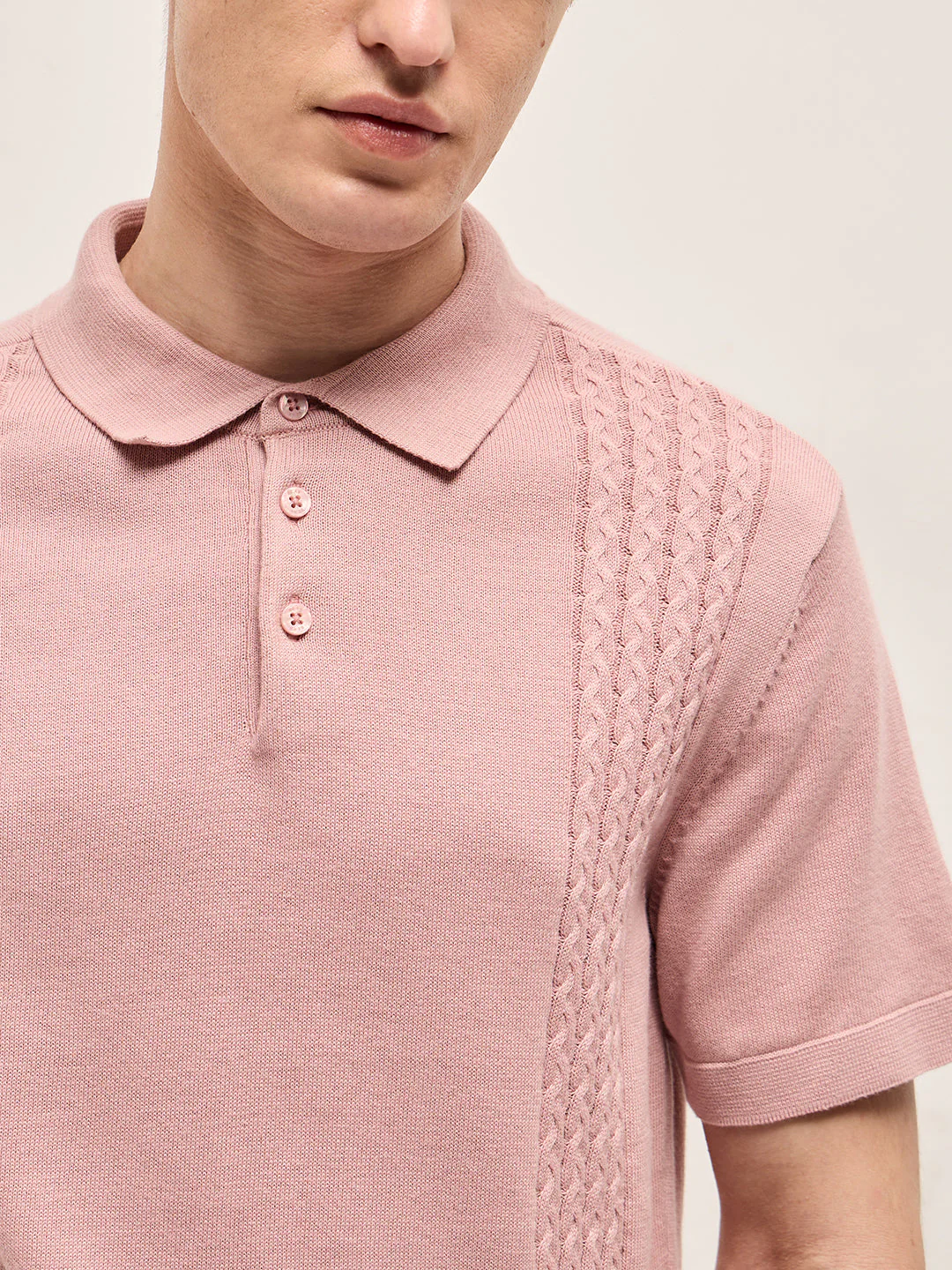 Men Pink Textured Cable-knit Panel Slim Fit Polo - Image 5