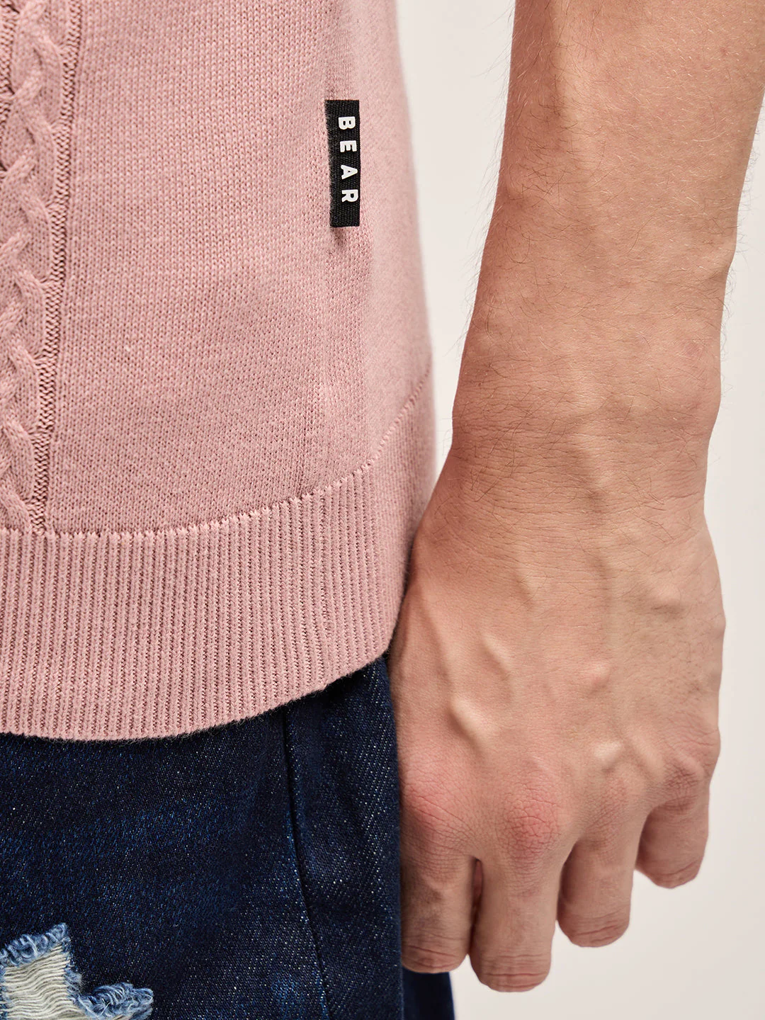 Men Pink Textured Cable-knit Panel Slim Fit Polo - Image 6