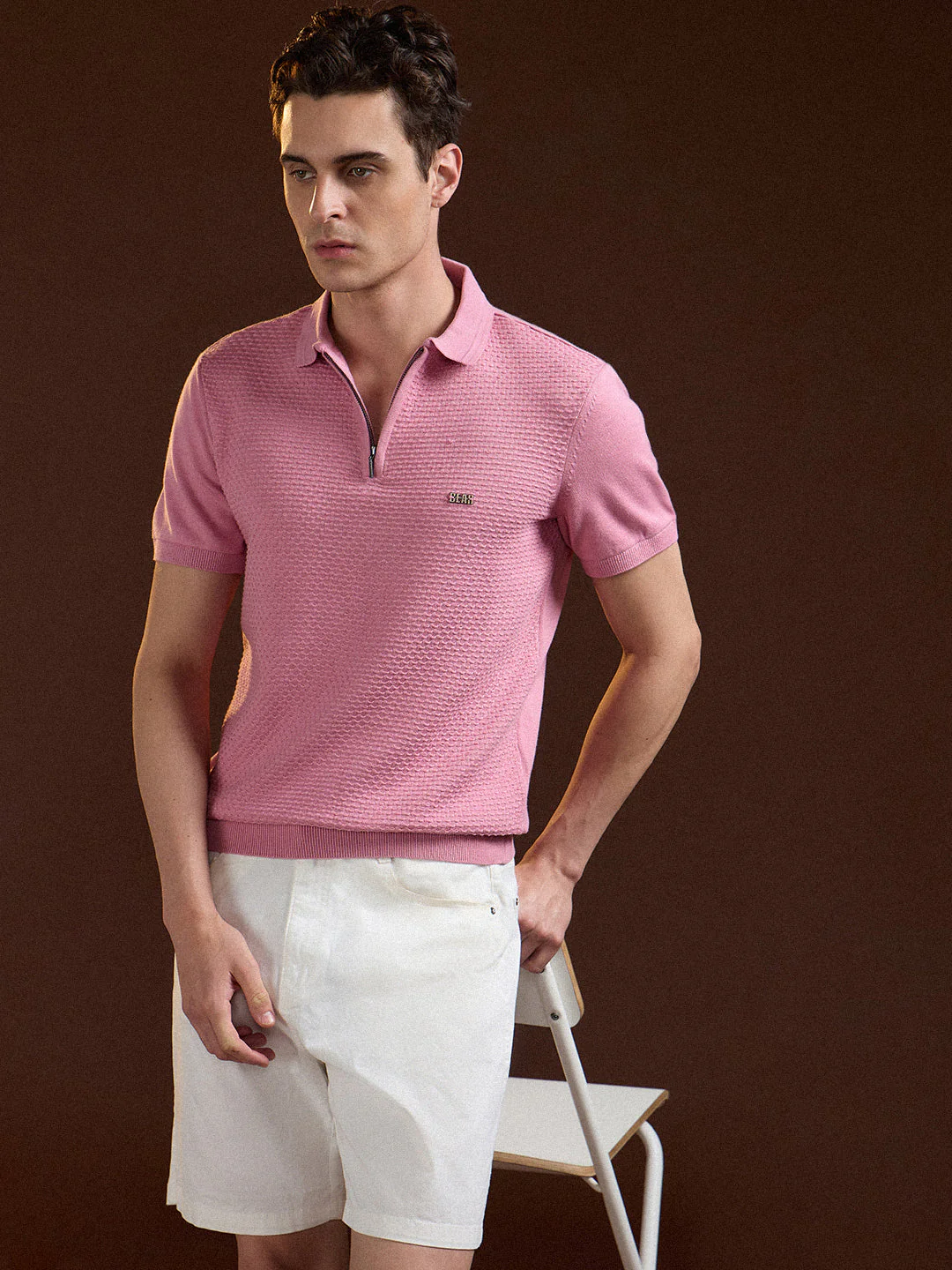 Men Pink Textured Knit Design Regular Fit Polo