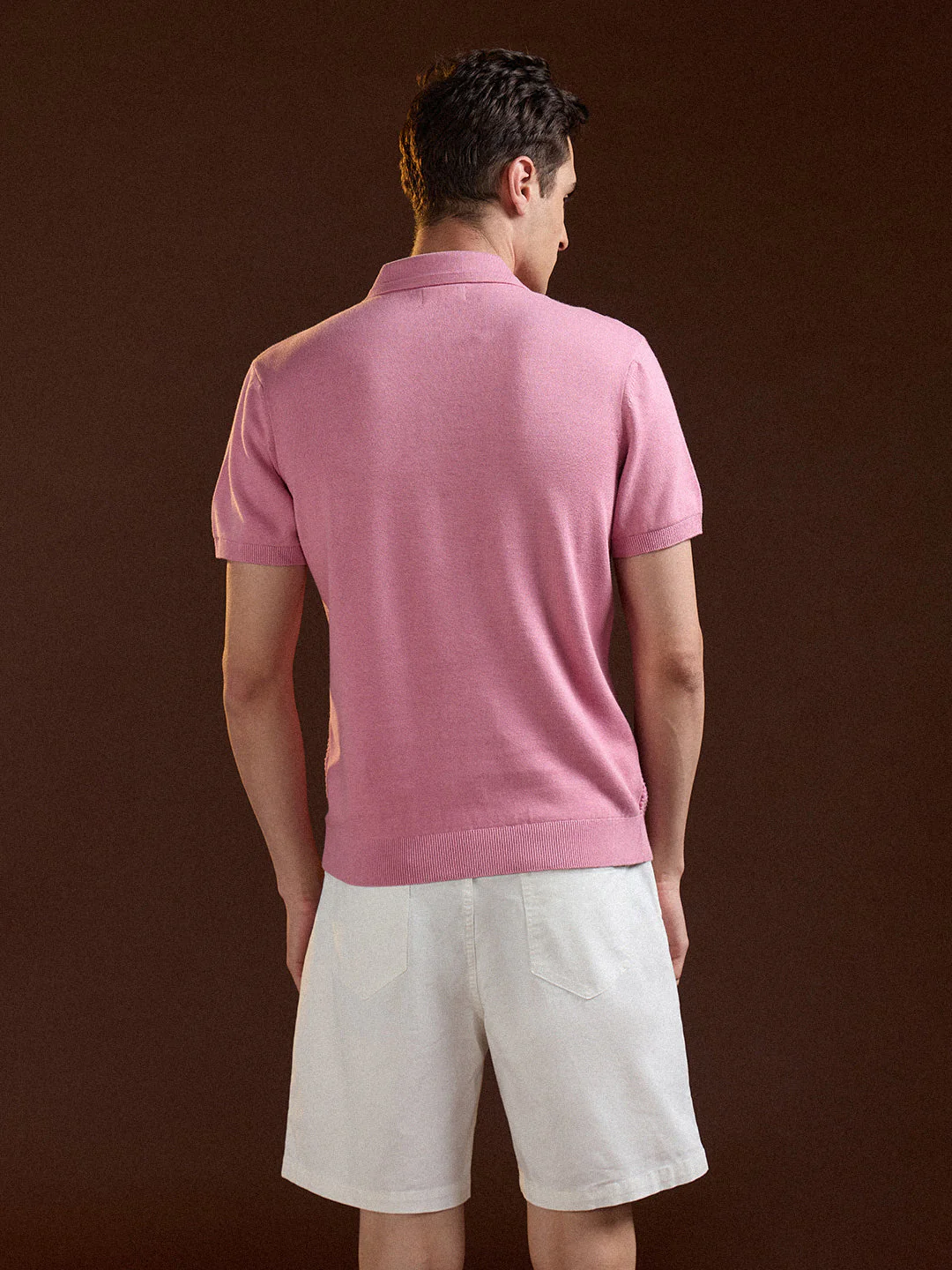 Men Pink Textured Knit Design Regular Fit Polo - Image 2