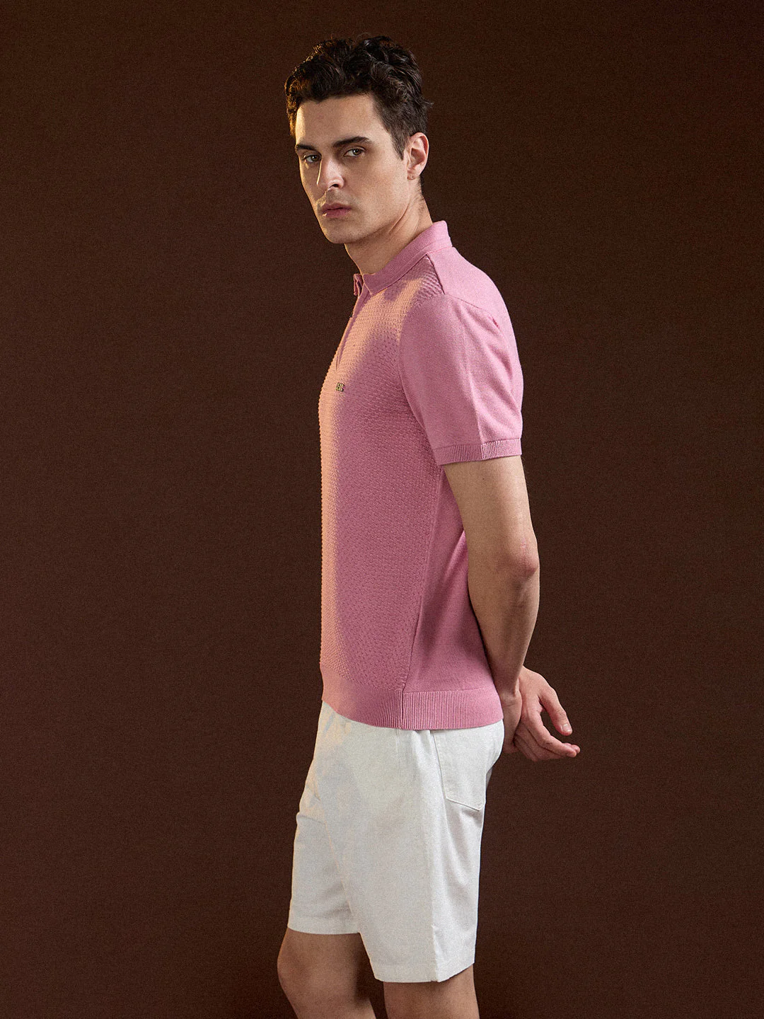 Men Pink Textured Knit Design Regular Fit Polo - Image 3