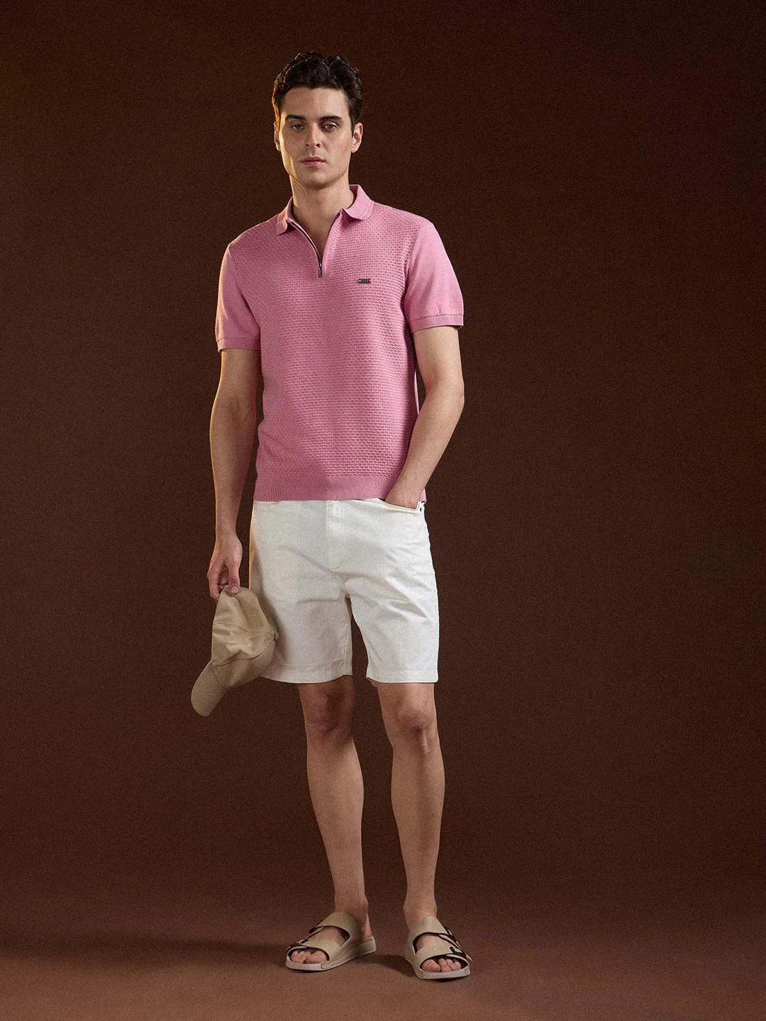 Men Pink Textured Knit Design Regular Fit Polo - Image 4