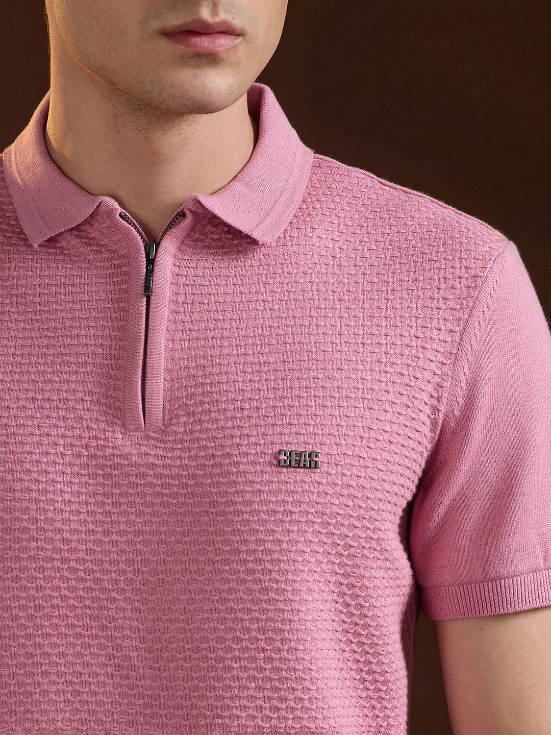 Men Pink Textured Knit Design Regular Fit Polo - Image 5