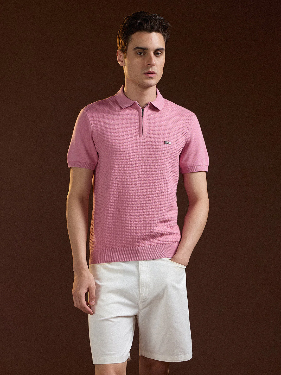 Men Pink Textured Knit Design Regular Fit Polo - Image 6