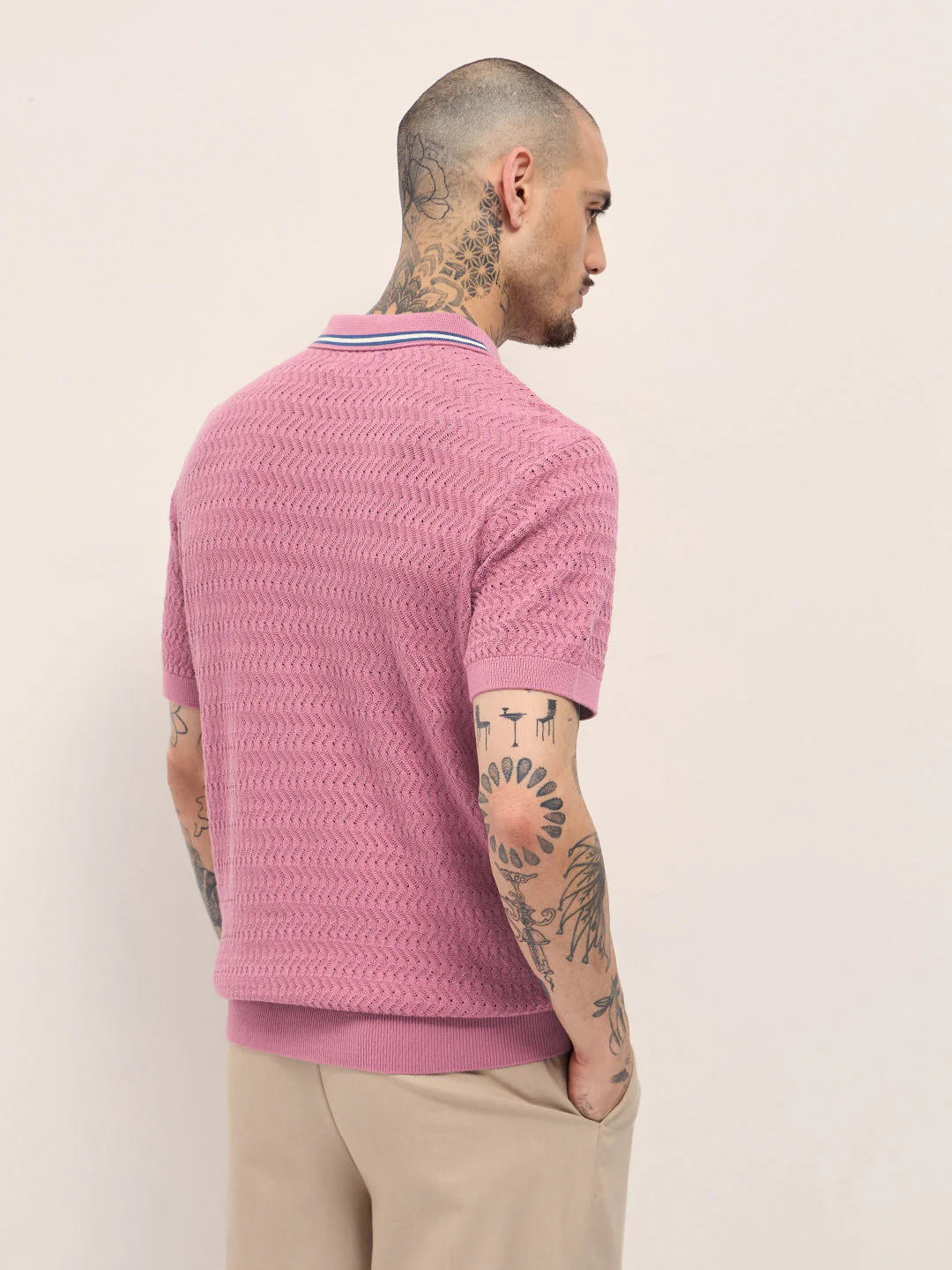 Men Pink Textured Knit Design Regular Fit Polo - Image 2